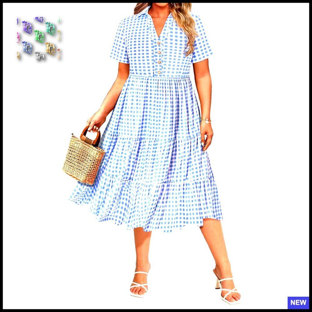 Plus Size Midi Dress Collared V-Neck Short Sleeve Ruffle Pocket Casual Chic